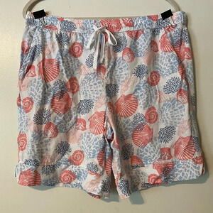 Emily Daniels Linen Blend Pink Blue Seashell Print Drawstring Shorts Size Large